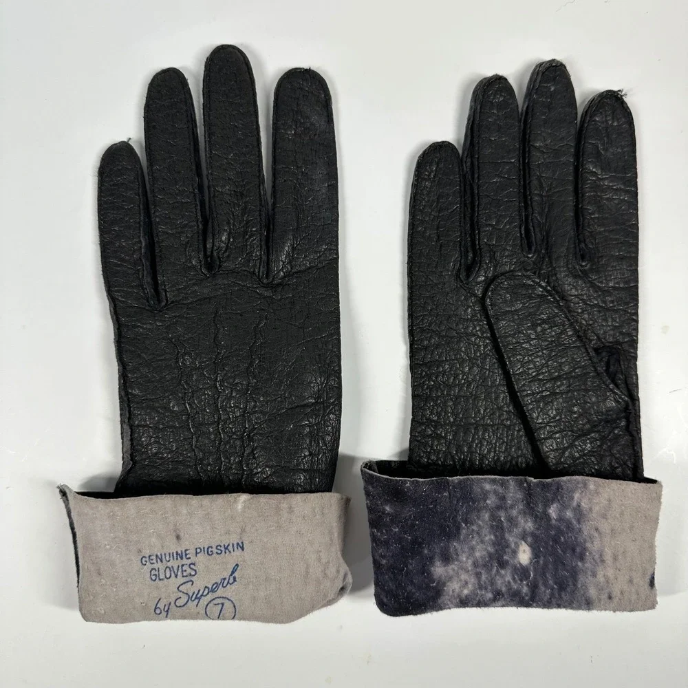 Vintage Black Genuine Pigskin Gloves‎ By Superb Flared Womens Sz 7